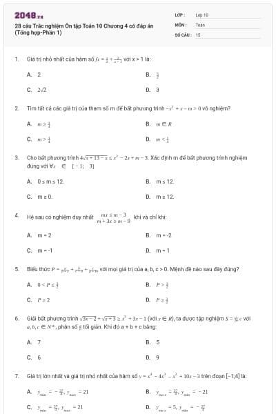 28 câu Trắc nghiệm Ôn tập Toán 10 Chương 4 có đáp án (Tổng hợp-Phần 1)