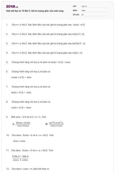 Giải sbt Đại số 10 Bài 2: Giá trị lượng giác của một cung