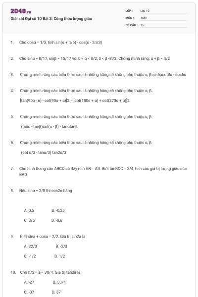 Giải sbt Đại số 10 Bài 3: Công thức lượng giác