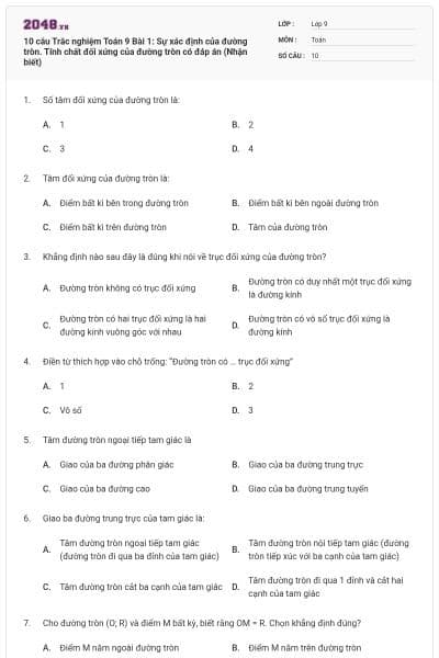 10 câu Trắc nghiệm Toán 9 Bài 1: Sự xác định của đường tròn. Tính chất đối xứng của đường tròn có đáp án (Nhận biết)