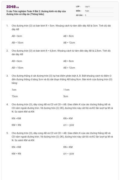 5 câu Trắc nghiệm Toán 9 Bài 2: Đường kính và dây của đường tròn có đáp án (Thông hiểu)