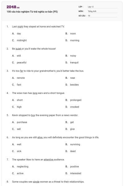 100 câu trắc nghiệm Từ trái nghĩa cơ bản (P5)