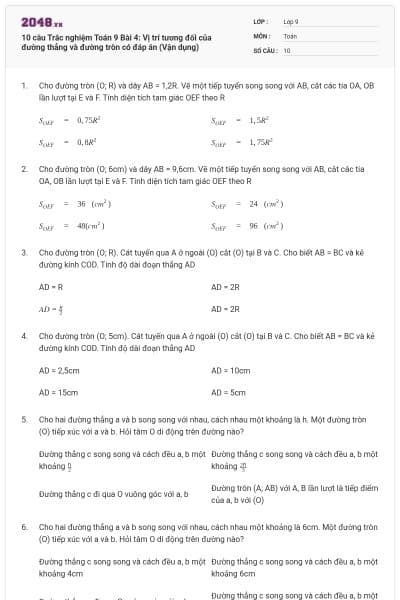 10 câu Trắc nghiệm Toán 9 Bài 4: Vị trí tương đối của đường thẳng và đường tròn có đáp án (Vận dụng)