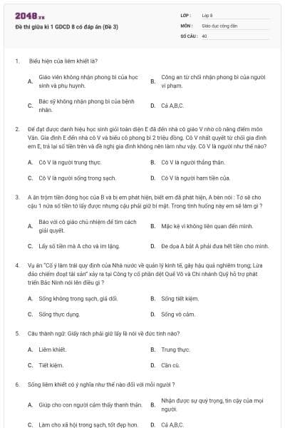 Đề thi giữa kì 1 GDCD 8 có đáp án (Đề 3)