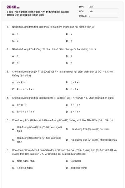6 câu Trắc nghiệm Toán 9 Bài 7: Vị trí tương đối của hai đường tròn có đáp án (Nhận biết)