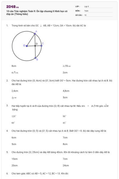 10 câu Trắc nghiệm Toán 9: Ôn tập chương II Hình học có đáp án (Thông hiểu)