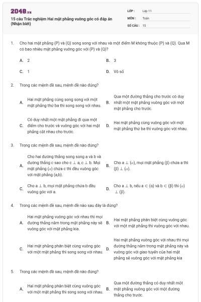 15 câu Trắc nghiệm Hai mặt phẳng vuông góc có đáp án (Nhận biết)