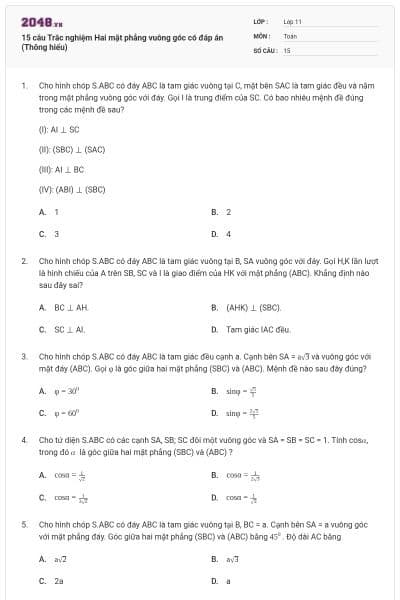 15 câu Trắc nghiệm Hai mặt phẳng vuông góc có đáp án (Thông hiểu)
