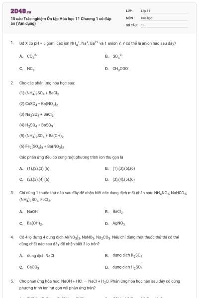 15 câu Trắc nghiệm Ôn tập Hóa học 11 Chương 1 có đáp án (Vận dụng)