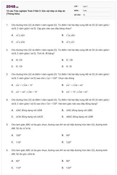 10 câu Trắc nghiệm Toán 9 Bài 3: Góc nội tiếp có đáp án (Thông hiểu)