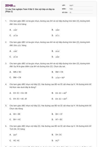12 câu Trắc nghiệm Toán 9 Bài 3: Góc nội tiếp có đáp án (Phần 2)