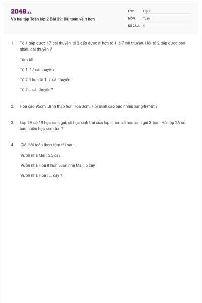 Vở bài tập Toán lớp 2 Bài 29: Bài toán về ít hơn