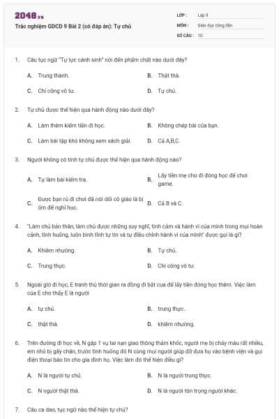 Trắc nghiệm GDCD 9 Bài 2 (có đáp án): Tự chủ