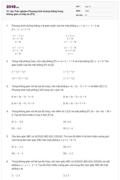 91 câu Trắc nghiệm Phương trình đường thẳng trong không gian có đáp án (P3)