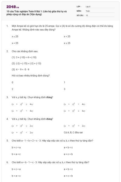10 câu Trắc nghiệm Toán 8 Bài 1: Liên hệ giữa thứ tự và phép cộng có đáp án (Vận dụng)