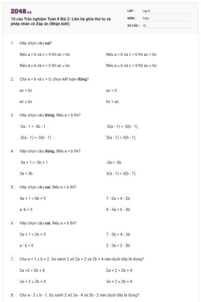 10 câu Trắc nghiệm Toán 8 Bài 2: Liên hệ giữa thứ tự và phép nhân có đáp án (Nhận biết)