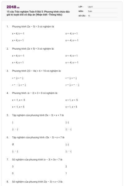 15 câu Trắc nghiệm Toán 8 Bài 5: Phương trình chứa dấu giá trị tuyệt đối có đáp án (Nhận biết -Thông hiểu)