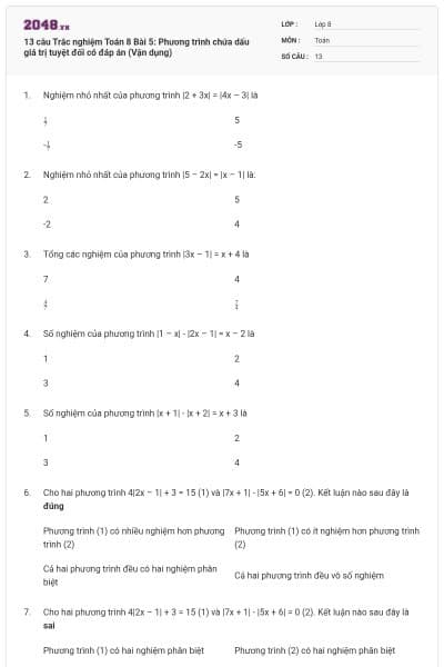 13 câu Trắc nghiệm Toán 8 Bài 5: Phương trình chứa dấu giá trị tuyệt đối có đáp án (Vận dụng)