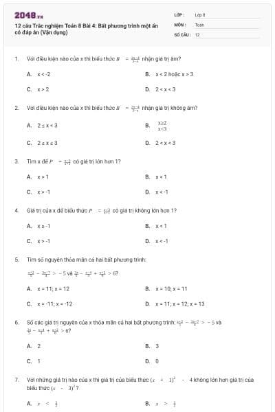 12 câu Trắc nghiệm Toán 8 Bài 4: Bất phương trình một ẩn có đáp án (Vận dụng)