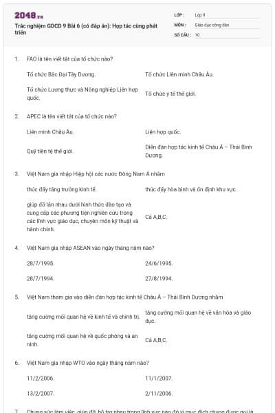 Trắc nghiệm GDCD 9 Bài 6 (có đáp án): Hợp tác cùng phát triển
