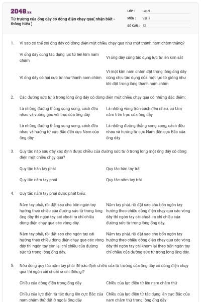 Từ trường của ống dây có dòng điện chạy qua( nhận biết - thông hiểu )