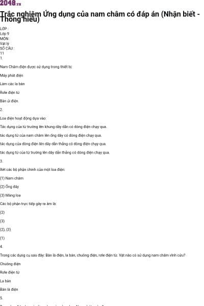 Trắc nghiệm Ứng dụng của nam châm có đáp án (Nhận biết - Thông hiểu)