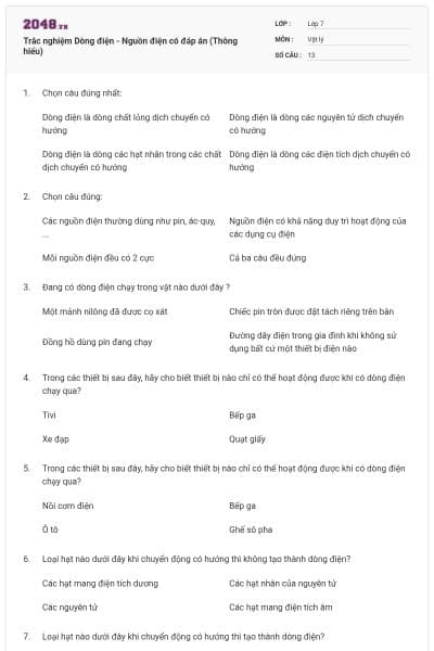 Trắc nghiệm Dòng điện - Nguồn điện có đáp án (Thông hiểu)