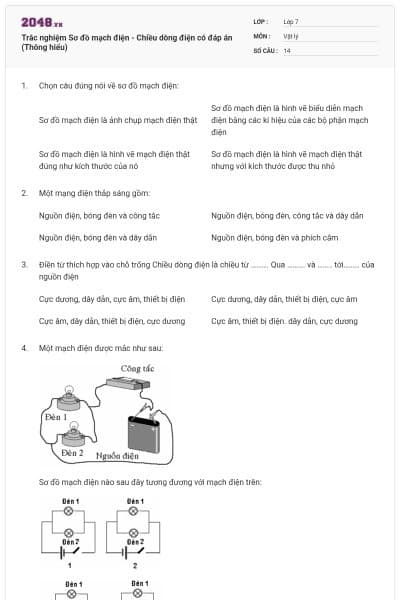 Trắc nghiệm Sơ đồ mạch điện - Chiều dòng điện có đáp án (Thông hiểu)