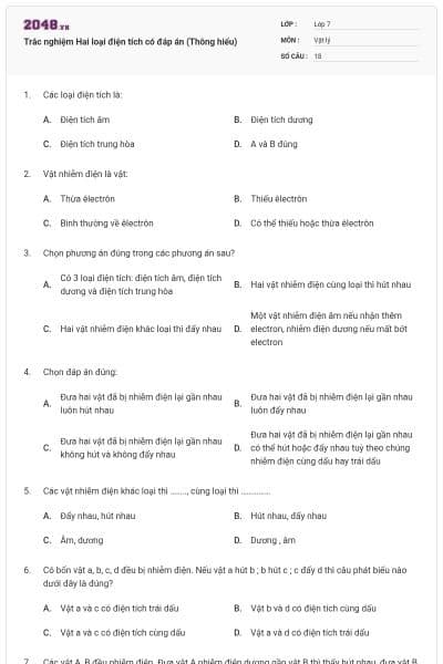 Trắc nghiệm Hai loại điện tích có đáp án (Thông hiểu)