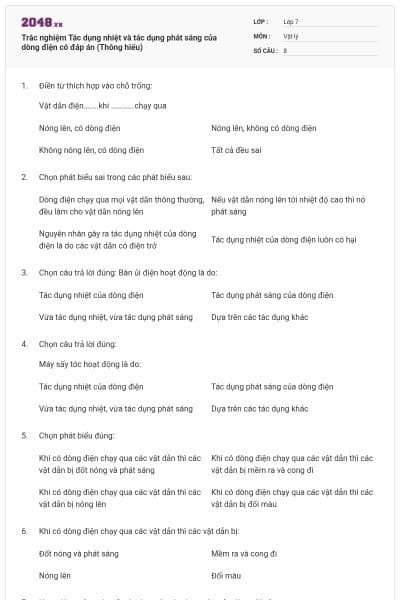 Trắc nghiệm Tác dụng nhiệt và tác dụng phát sáng của dòng điện có đáp án (Thông hiểu)