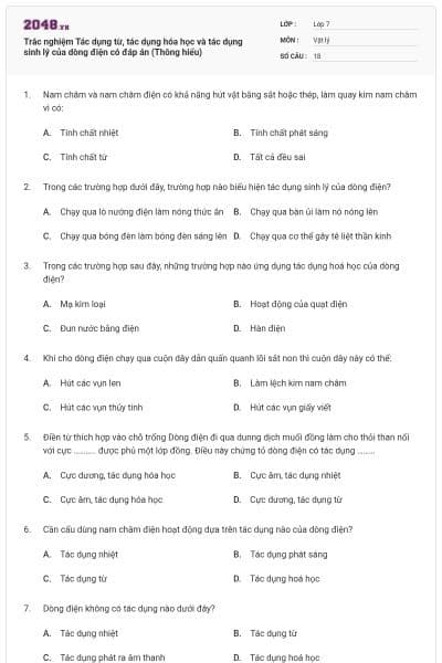 Trắc nghiệm Tác dụng từ, tác dụng hóa học và tác dụng sinh lý của dòng điện có đáp án (Thông hiểu)