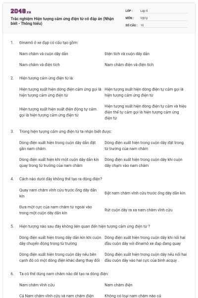Trắc nghiệm Hiện tượng cảm ứng điện từ có đáp án (Nhận biết - Thông hiểu)