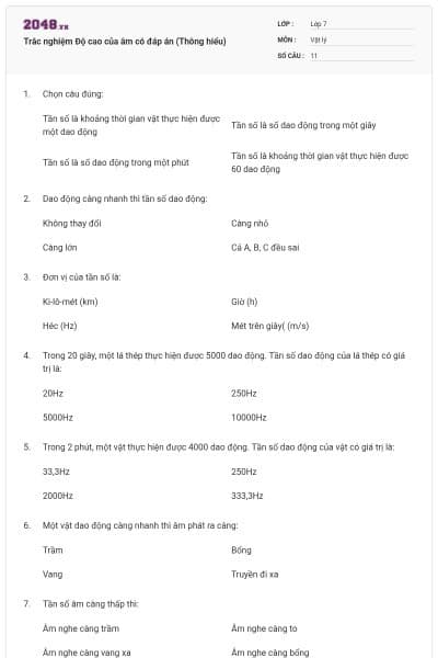 Trắc nghiệm Độ cao của âm có đáp án (Thông hiểu)
