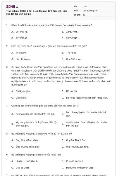 Trắc nghiệm GDCD 9 Bài 5 (có đáp án): Tình hữu nghị giữa các dân tộc trên thế giới