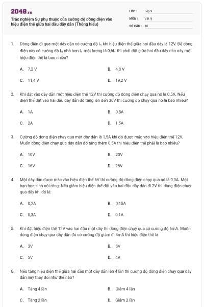 Trắc nghiệm Sự phụ thuộc của cường độ dòng điện vào hiệu điện thế giữa hai đầu dây dẫn (Thông hiểu)