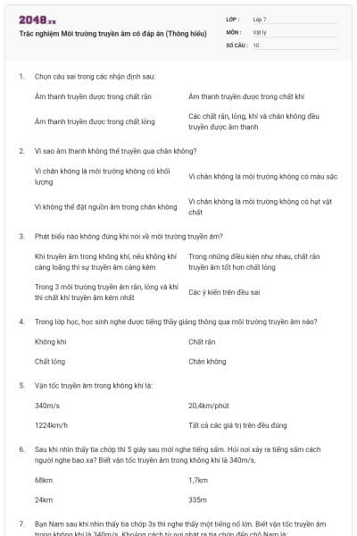 Trắc nghiệm Môi trường truyền âm có đáp án (Thông hiểu)