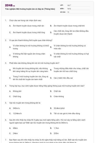 Trắc nghiệm Môi trường truyền âm có đáp án (Thông hiểu)