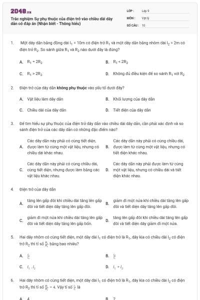 Trắc nghiệm Sự phụ thuộc của điện trở vào chiều dài dây dẫn có đáp án (Nhận biết - Thông hiểu)