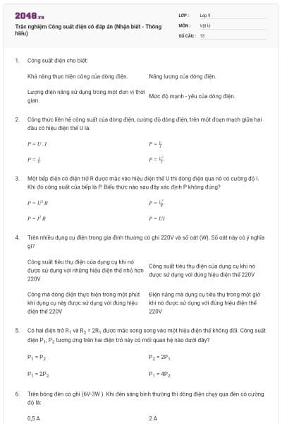 Trắc nghiệm Công suất điện có đáp án (Nhận biết - Thông hiểu)