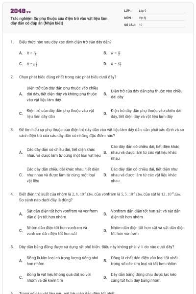 Trắc nghiệm Sự phụ thuộc của điện trở vào vật liệu làm dây dẫn có đáp án (Nhận biết)