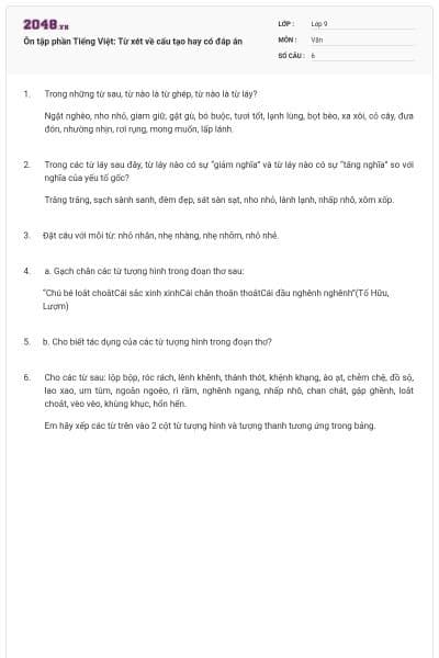 Ôn tập phần Tiếng Việt: Từ xét về cấu tạo hay có đáp án