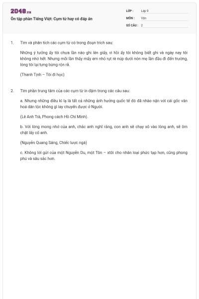 Ôn tập phần Tiếng Việt: Cụm từ hay có đáp án