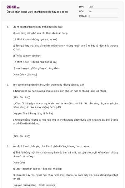 Ôn tập phần Tiếng Việt: Thành phần câu hay có đáp án
