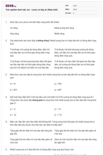 Trắc nghiệm Định luật Jun - Lenxo có đáp án (Nhận biết)