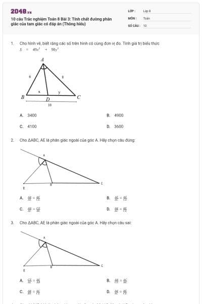 10 câu Trắc nghiệm Toán 8 Bài 3: Tính chất đường phân giác của tam giác có đáp án (Thông hiểu)