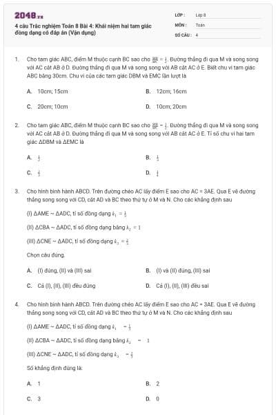 4 câu Trắc nghiệm Toán 8 Bài 4: Khái niệm hai tam giác đồng dạng có đáp án (Vận dụng)
