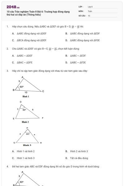 10 câu Trắc nghiệm Toán 8 Bài 6: Trường hợp đồng dạng thứ hai có đáp án (Thông hiểu)