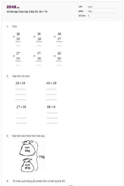Vở bài tập Toán lớp 2 Bài 35: 36 + 15