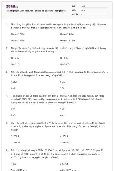 Trắc nghiệm Định luật Jun - Lenxo có đáp án (Thông hiểu)