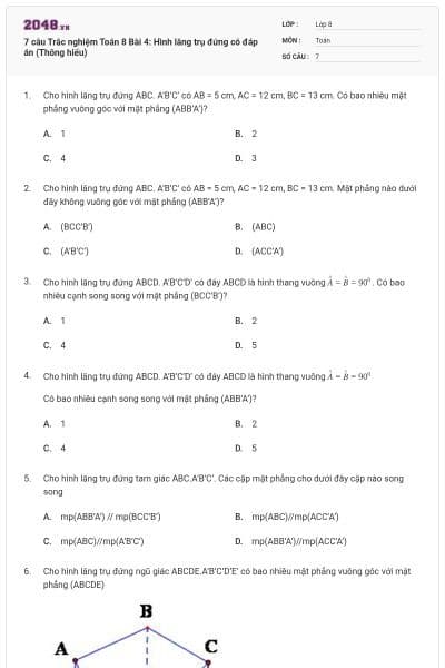 7 câu Trắc nghiệm Toán 8 Bài 4: Hình lăng trụ đứng có đáp án (Thông hiểu)